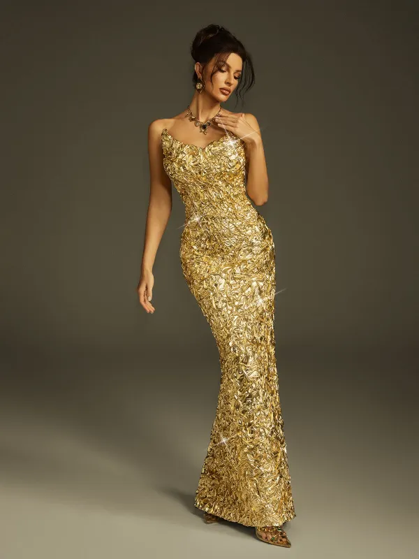 Zyrra Strapless Foil Split Maxi Dress sold by Mew Mews