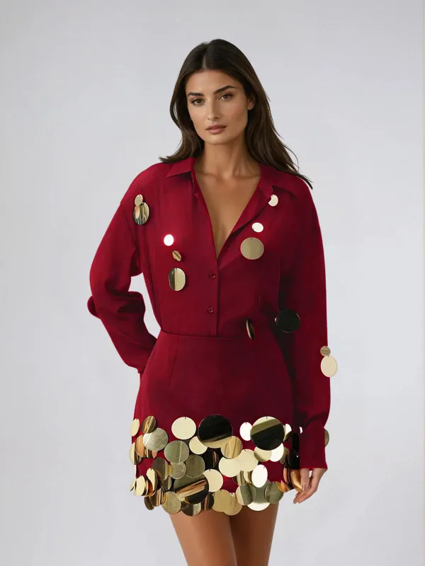 Uthara V Neck Sequin Skirt Set In Red sold by Mew Mews