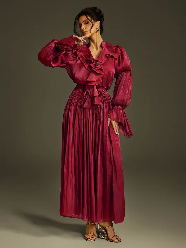 Nereus V Neck Ruffle Maxi Dress In Wine sold by Mew Mews