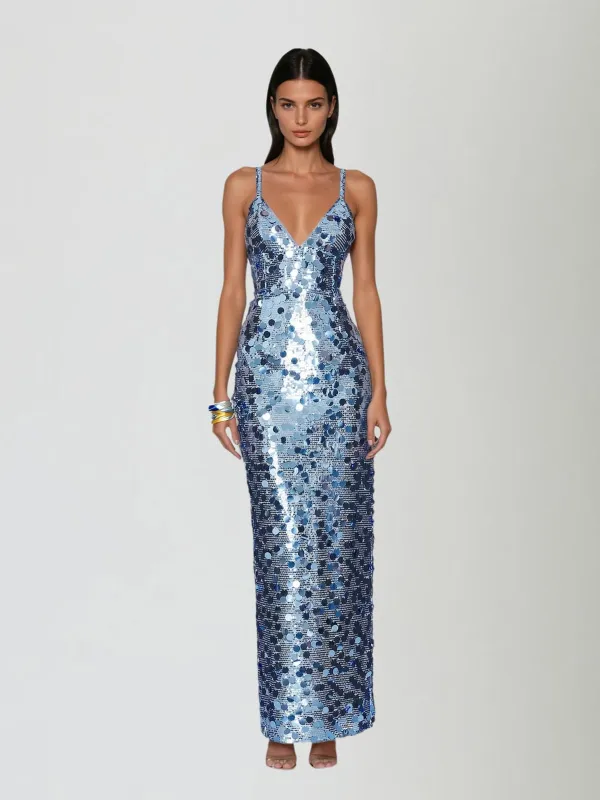 Driftfrost V Neck Sequin Maxi Dress made by Mew Mews