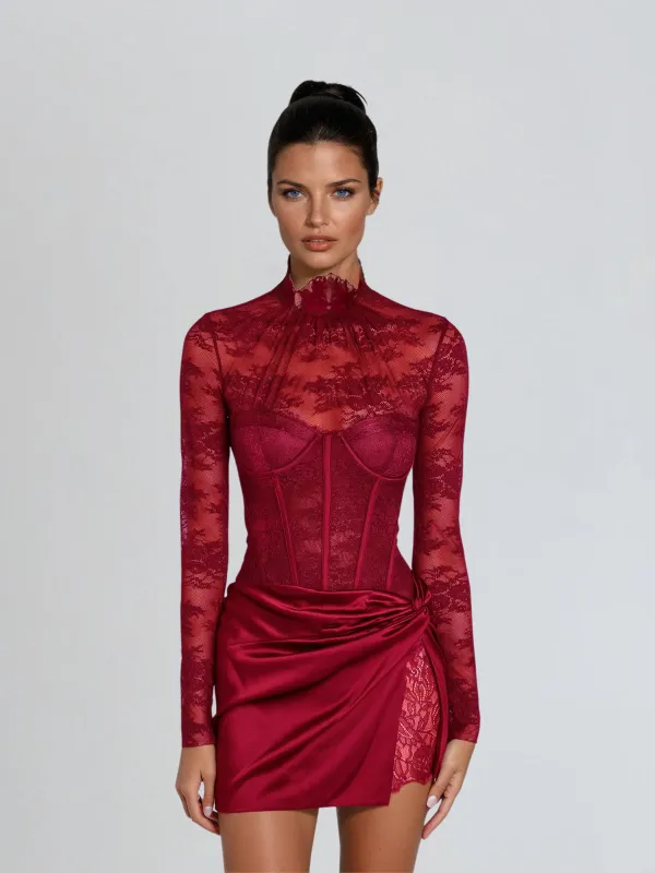 Cynosure Stand Collar Lace Dress In Red sold by Mew Mews