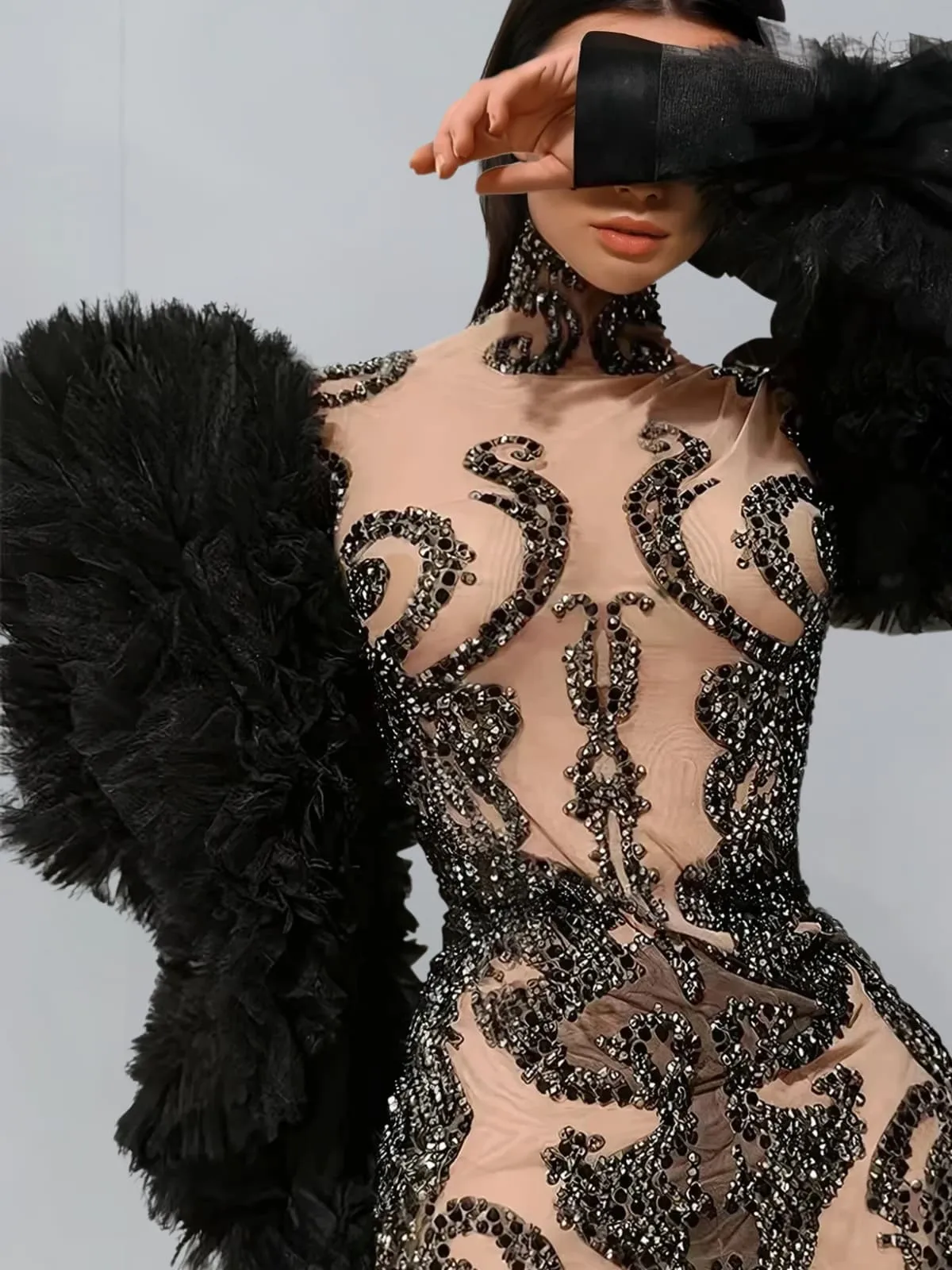 Vazrik High Neck Tulle Rhinestone Mini Dress sold by Mew Mews