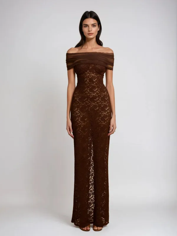Dilaton Off Shoulder Lace Split Maxi Dress sold by Mew Mews