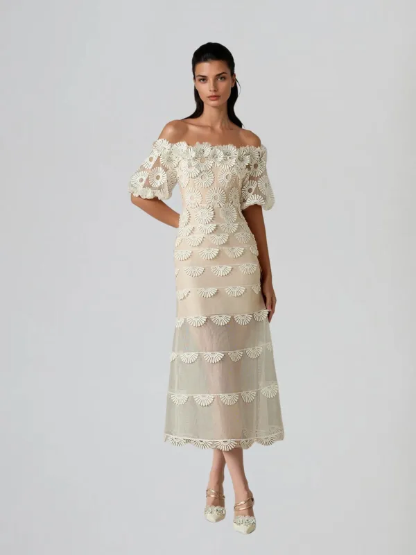 Dynamis Off Shoulder Flower Mesh Midi Dress sold by Mew Mews