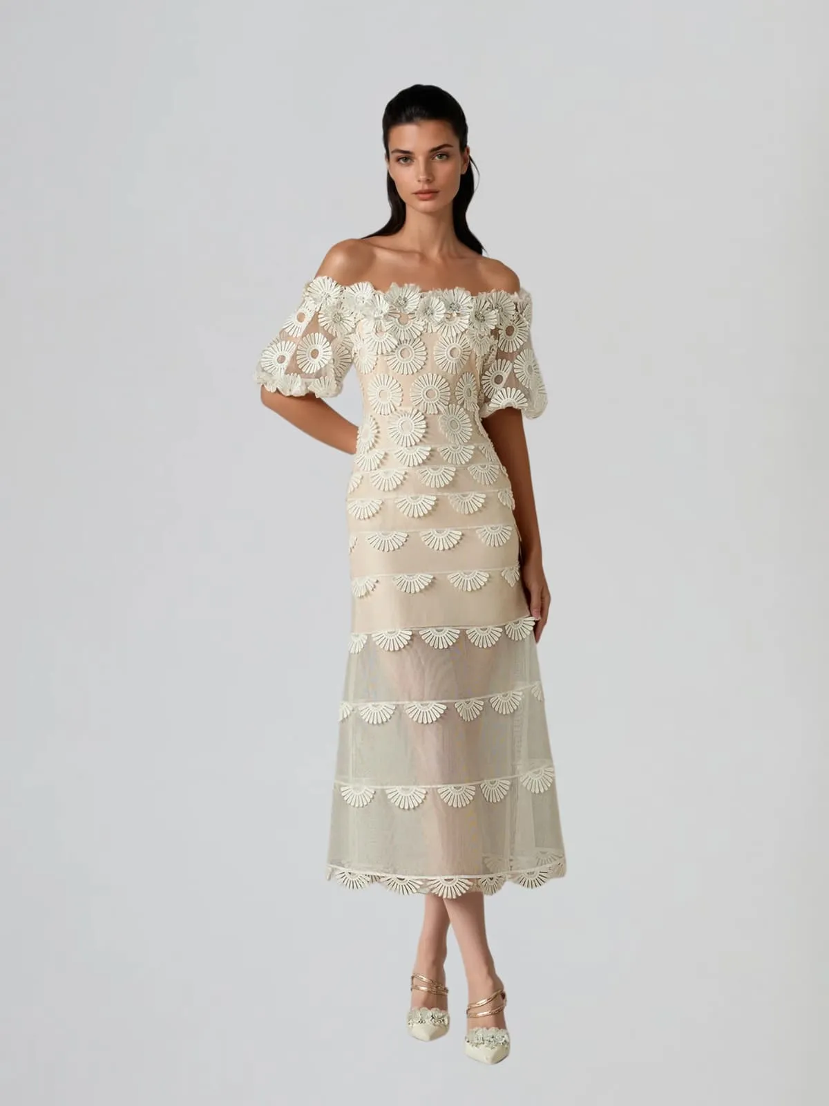 Dynamis Off Shoulder Flower Mesh Midi Dress sold by Mew Mews