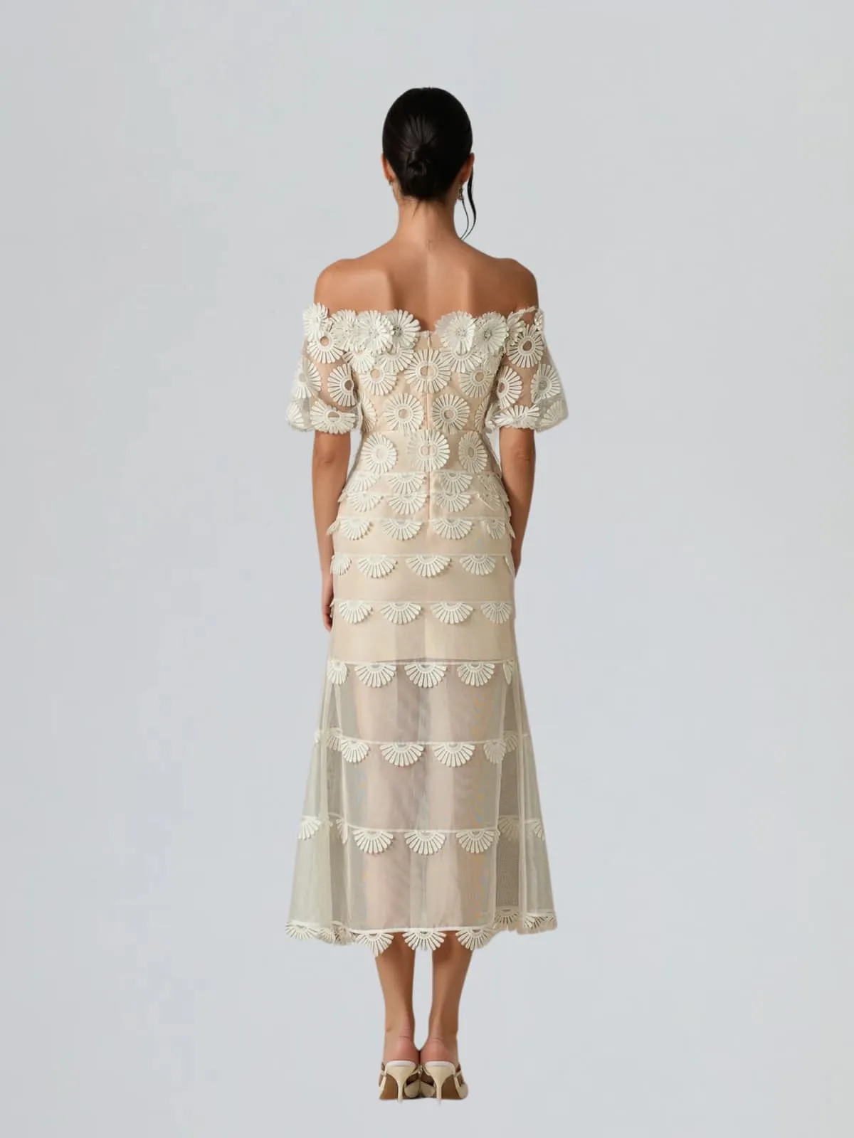 Dynamis Off Shoulder Flower Mesh Midi Dress sold by Mew Mews product image thumbnail 4