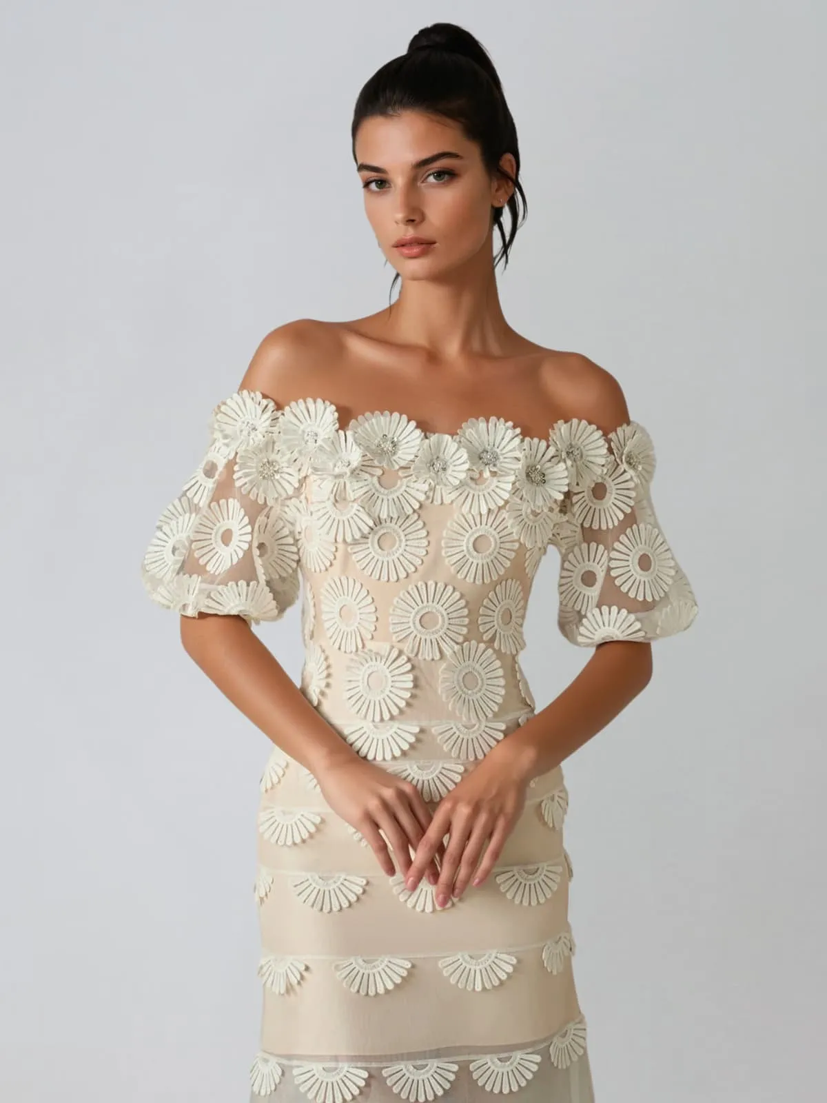 Dynamis Off Shoulder Flower Mesh Midi Dress sold by Mew Mews product image thumbnail 3
