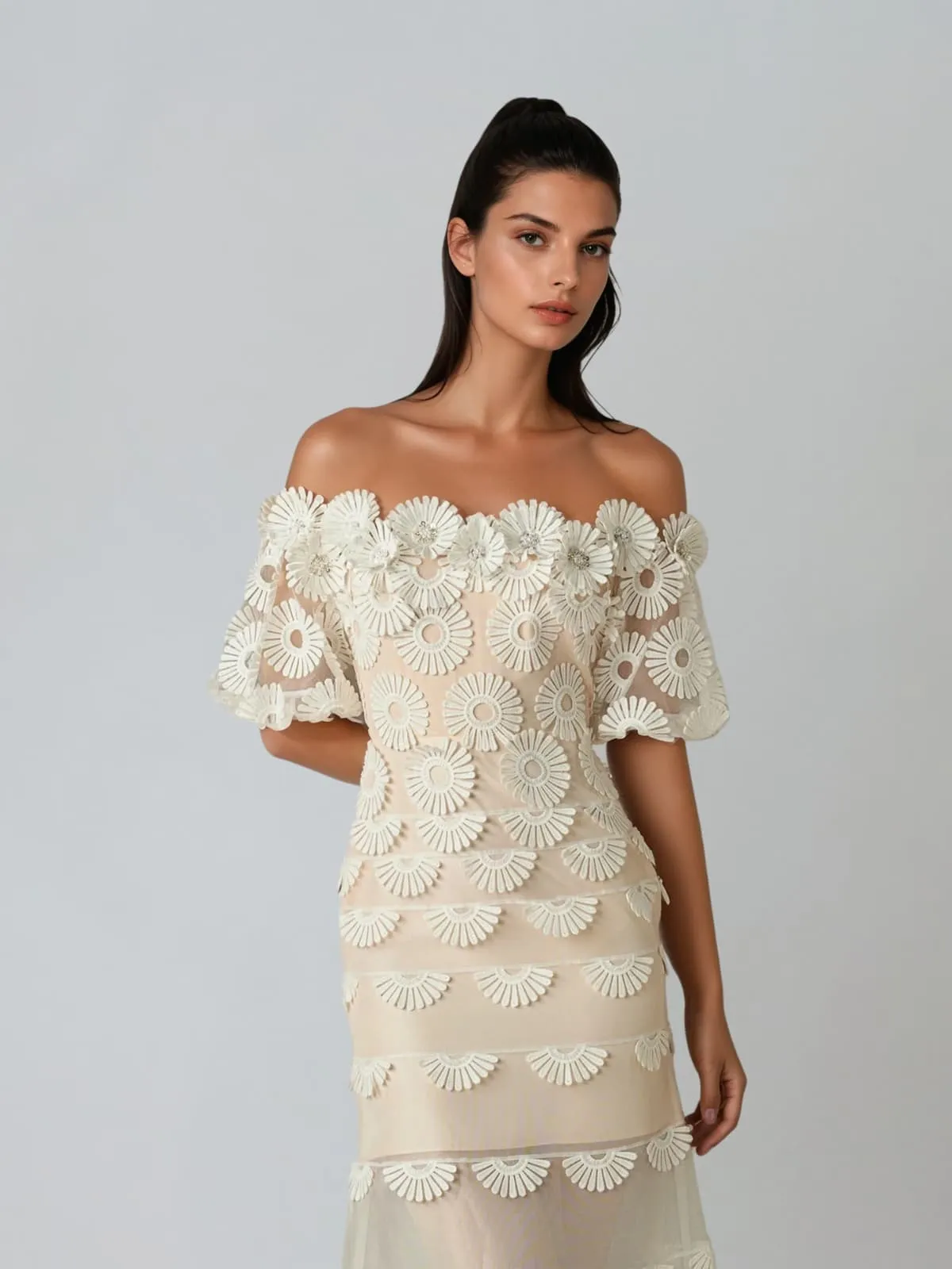 Dynamis Off Shoulder Flower Mesh Midi Dress sold by Mew Mews product image thumbnail 2