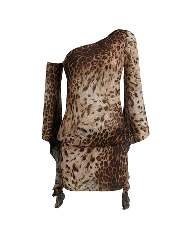 Dodecar One Shoulder Leopard Mini Dress sold by Mew Mews