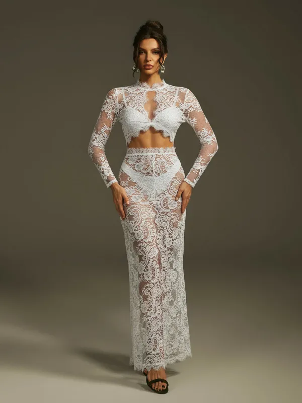Mareike Long Sleeve Lace Split Maxi Dress In White sold by Mew Mews