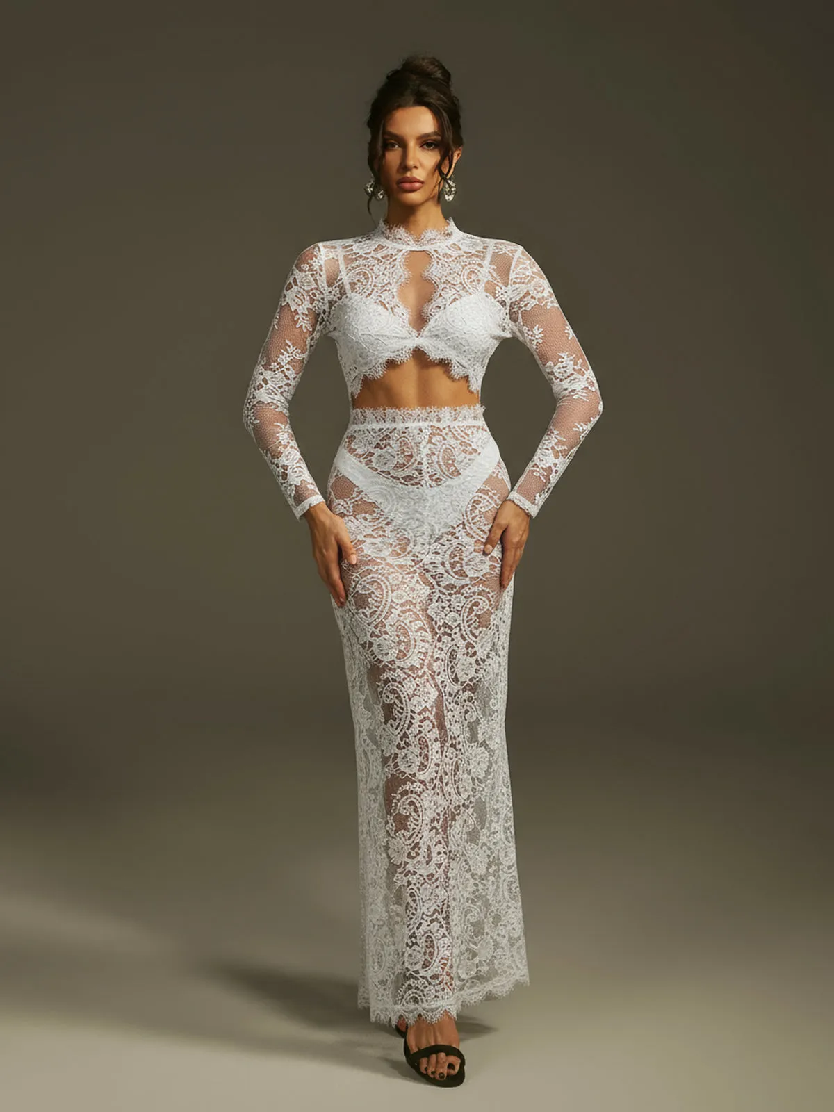 Mareike Long Sleeve Lace Split Maxi Dress In White sold by Mew Mews