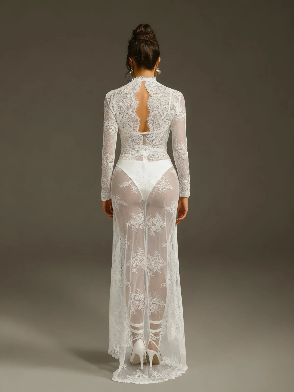 Mareike Long Sleeve Lace Split Maxi Dress In White sold by Mew Mews product image thumbnail 3
