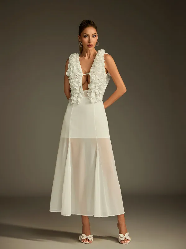 Dolomir Plunge Neck Ruffle Mesh Midi Dress sold by Mew Mews