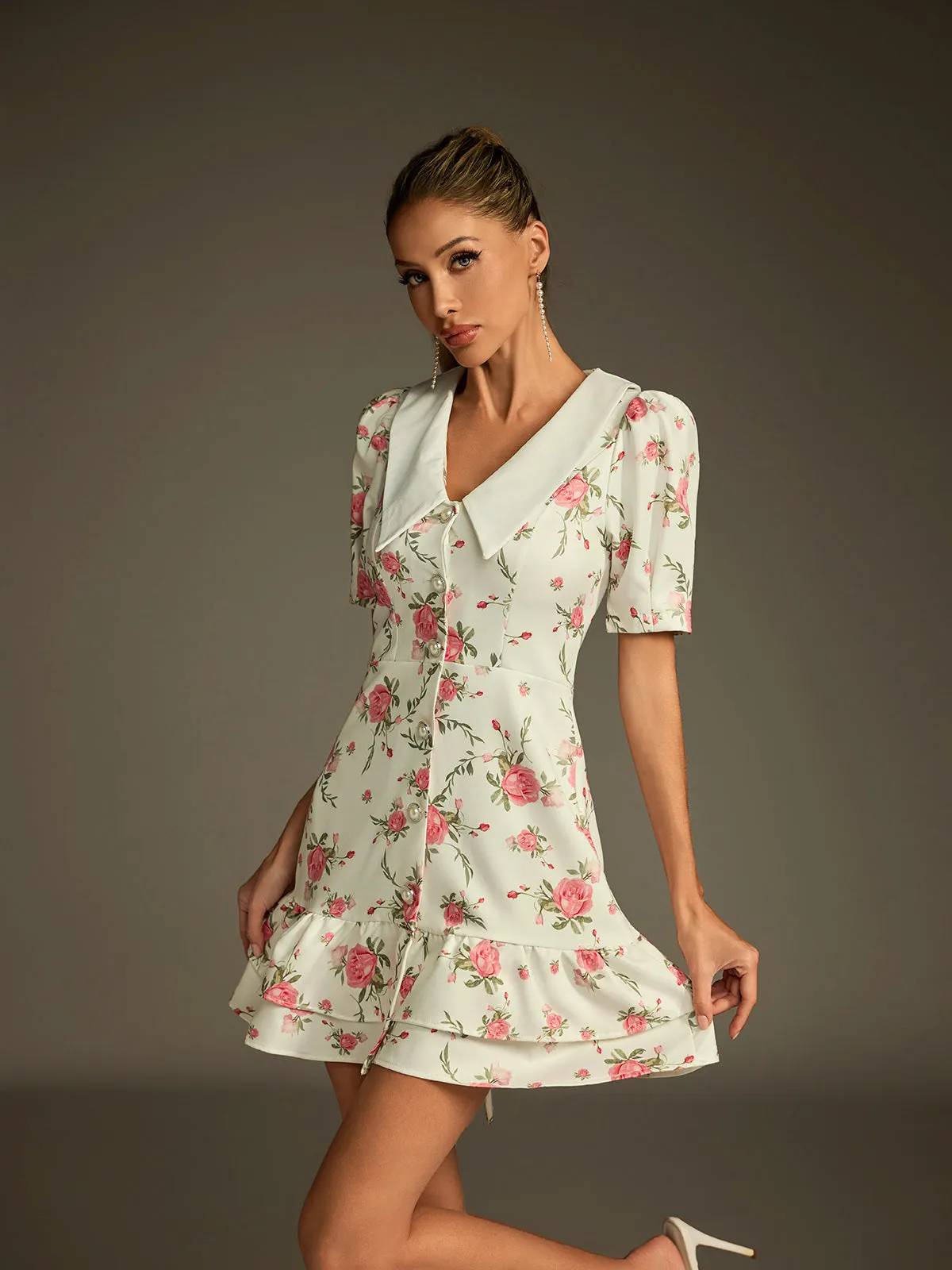 Dyvalen V Neck Lace Up Floral Dress In White sold by Mew Mews product image thumbnail 2