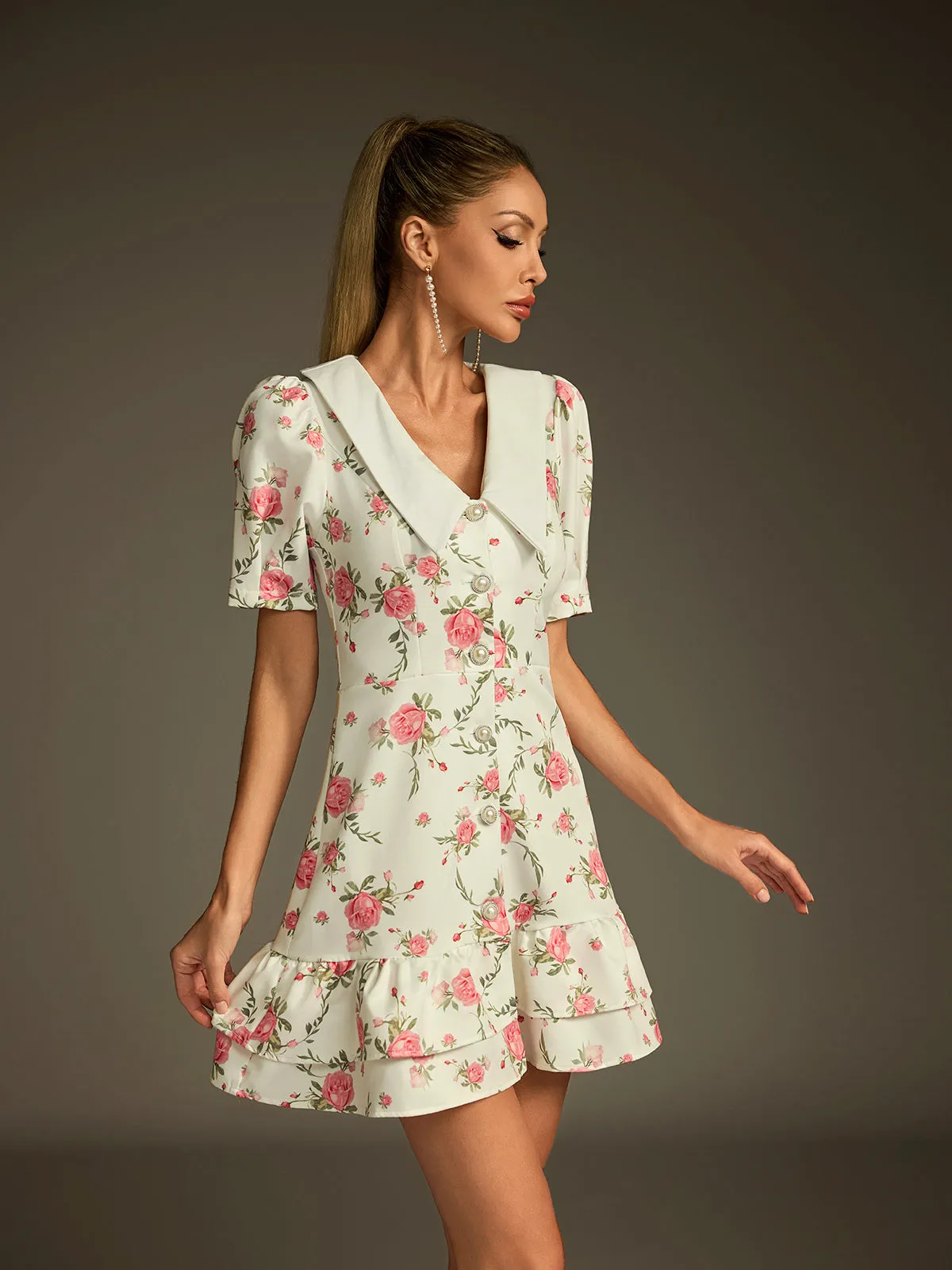 Dyvalen V Neck Lace Up Floral Dress In White sold by Mew Mews product image thumbnail 5