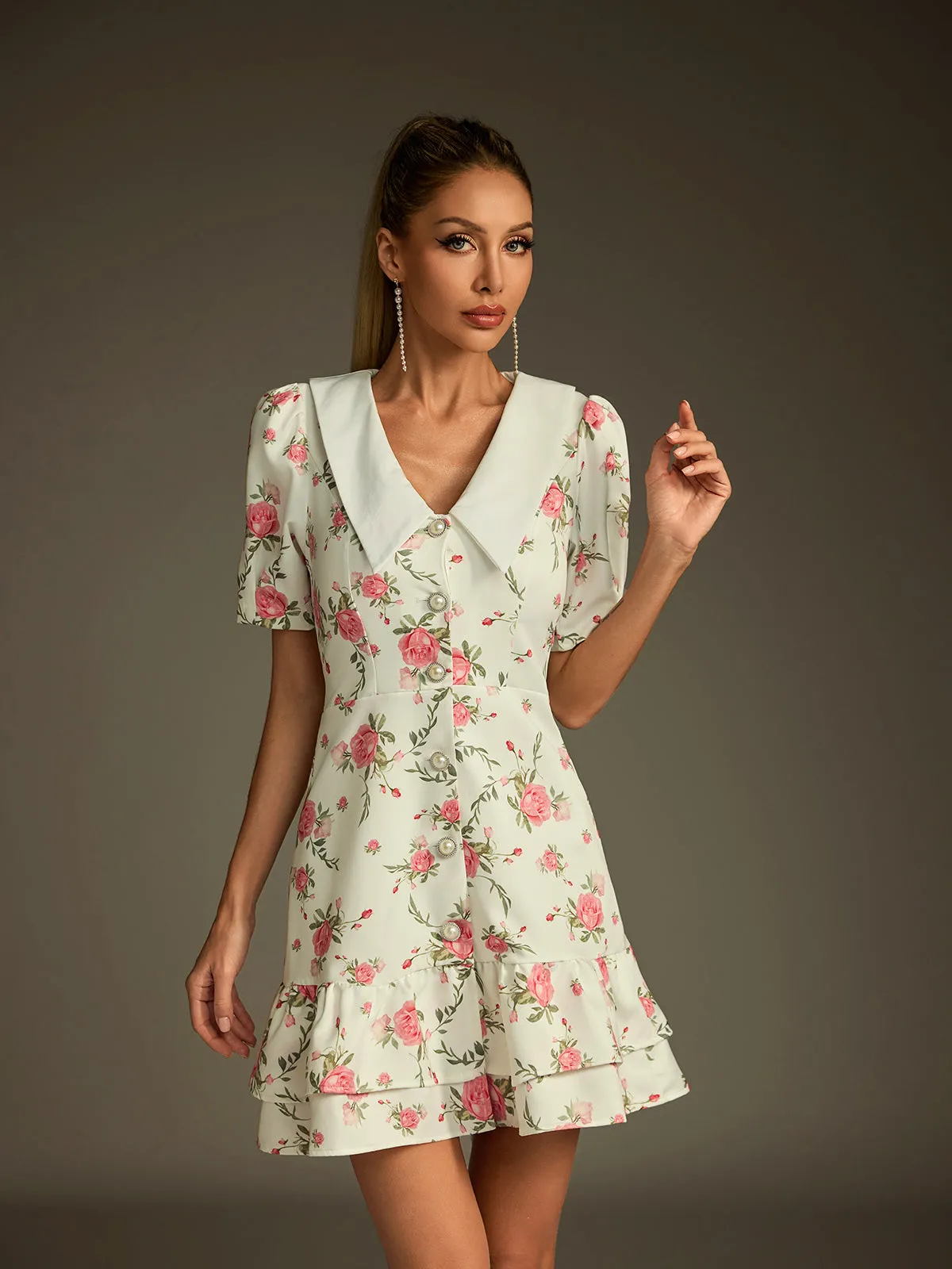 Dyvalen V Neck Lace Up Floral Dress In White sold by Mew Mews