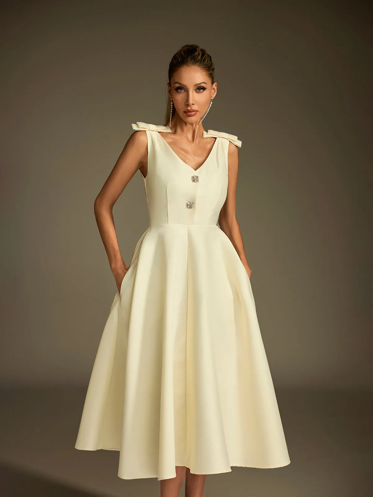 Diorum V Neck Bow Button Up Midi Dress sold by Mew Mews product image thumbnail 2