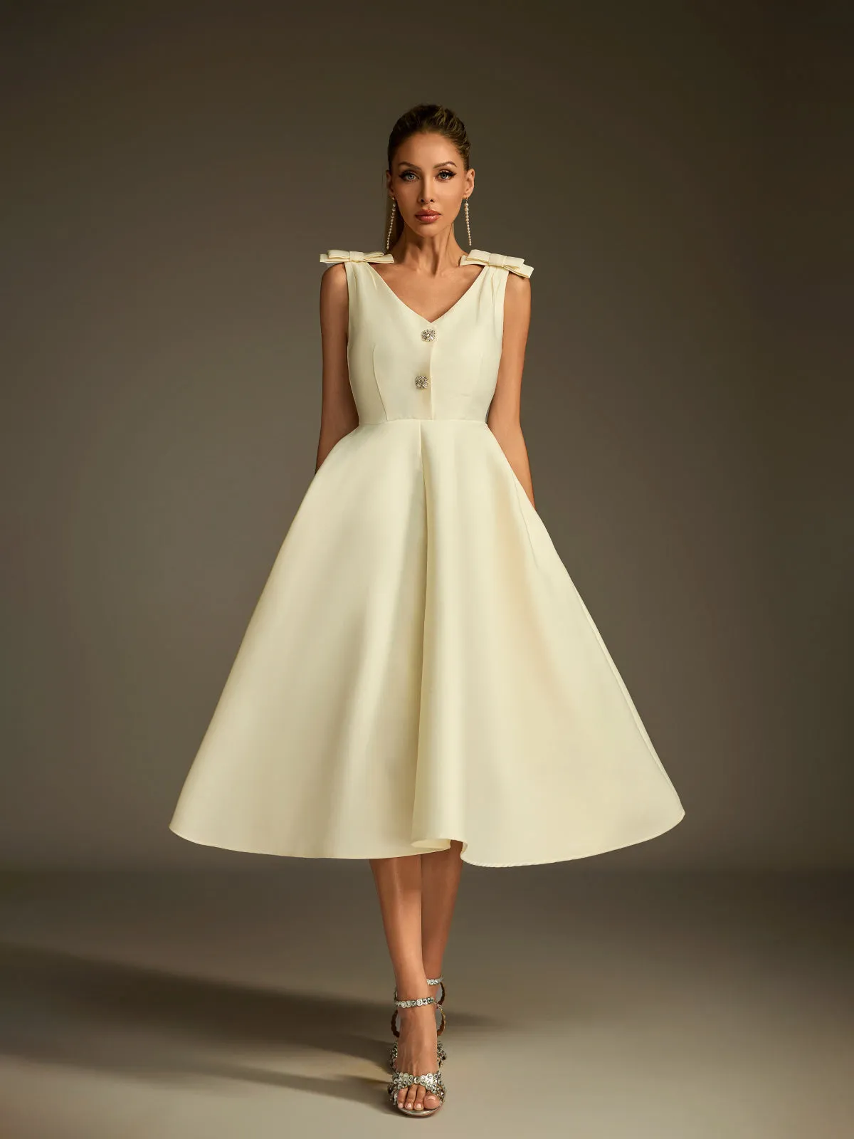 Diorum V Neck Bow Button Up Midi Dress sold by Mew Mews