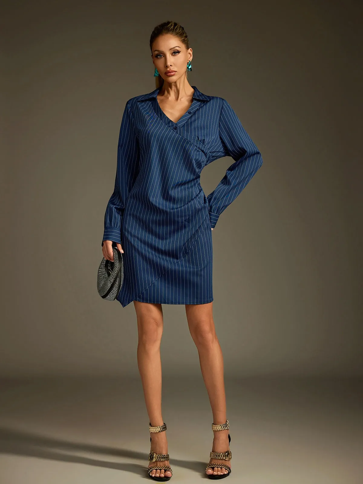 Dunite Folded Collar Stripe Mini Shirt Dress sold by Mew Mews product image thumbnail 2