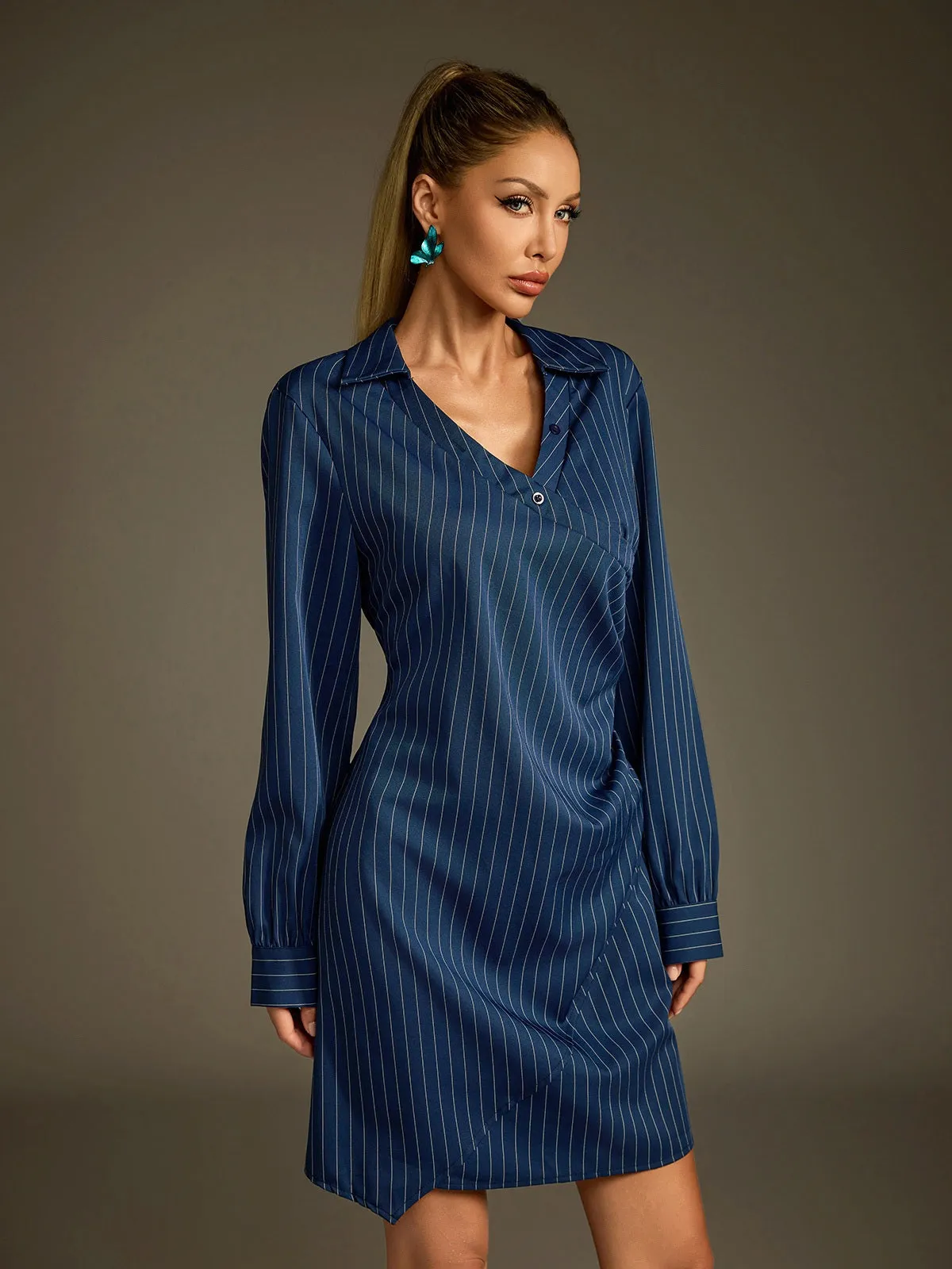 Dunite Folded Collar Stripe Mini Shirt Dress sold by Mew Mews product image thumbnail 4