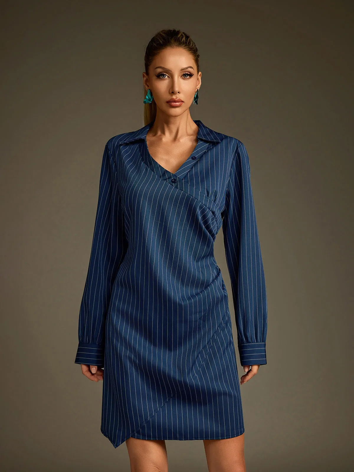 Dunite Folded Collar Stripe Mini Shirt Dress sold by Mew Mews