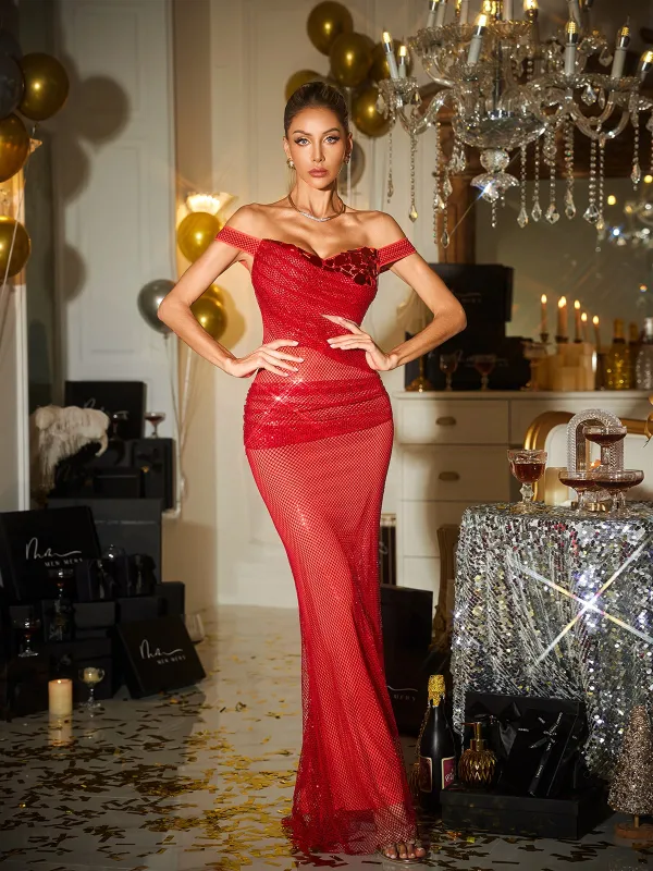 Cumulus Off Shoulder Rhinestone Mesh Maxi Dress sold by Mew Mews