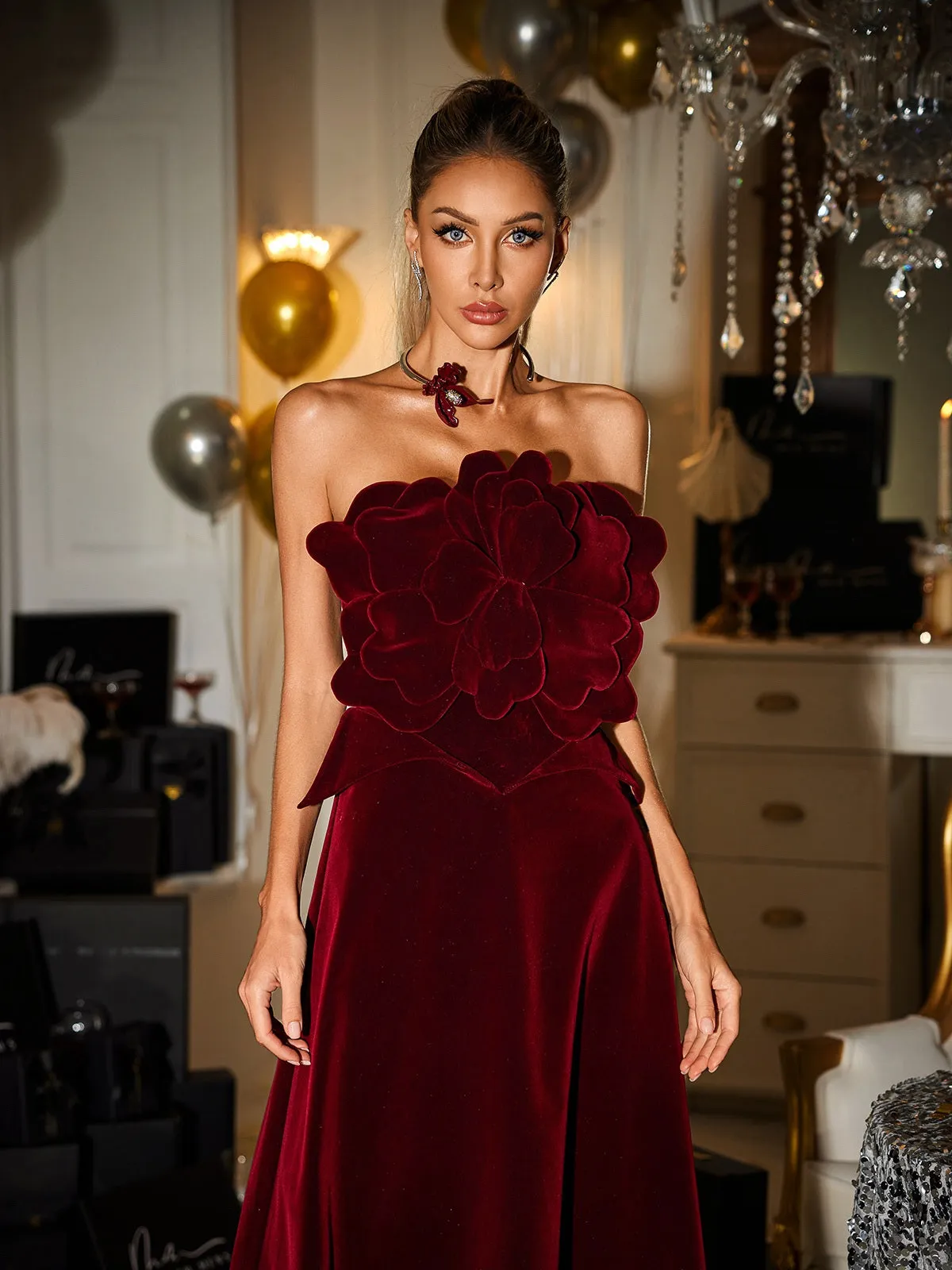 Cairn Strapless Flower Velvet Maxi Dress sold by Mew Mews product image thumbnail 3