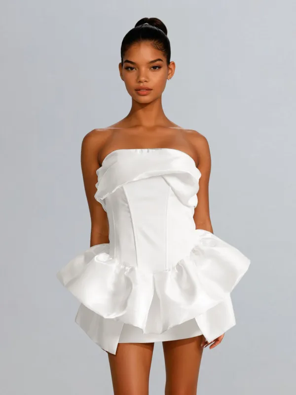 Dulcimer Strapless Satin Mini Dress sold by Mew Mews