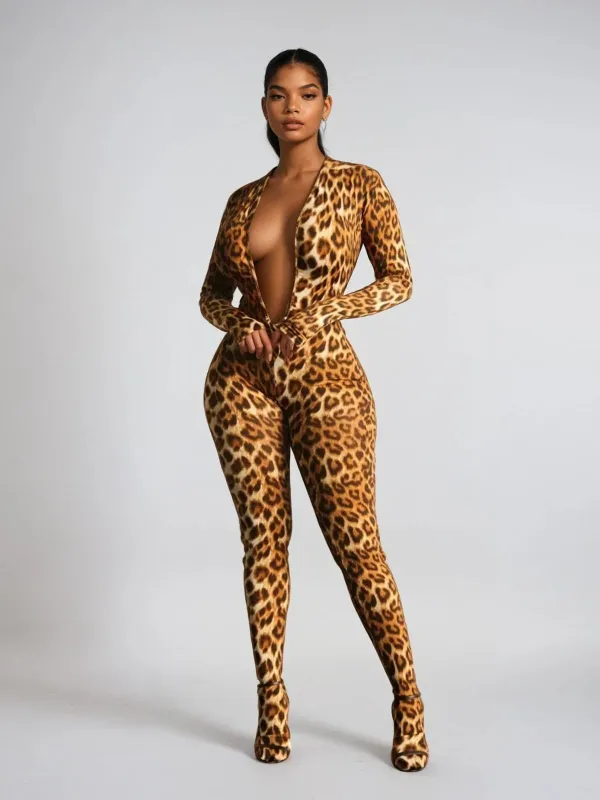 Makaio Plunge Neck Leopard Jumpsuit sold by Mew Mews