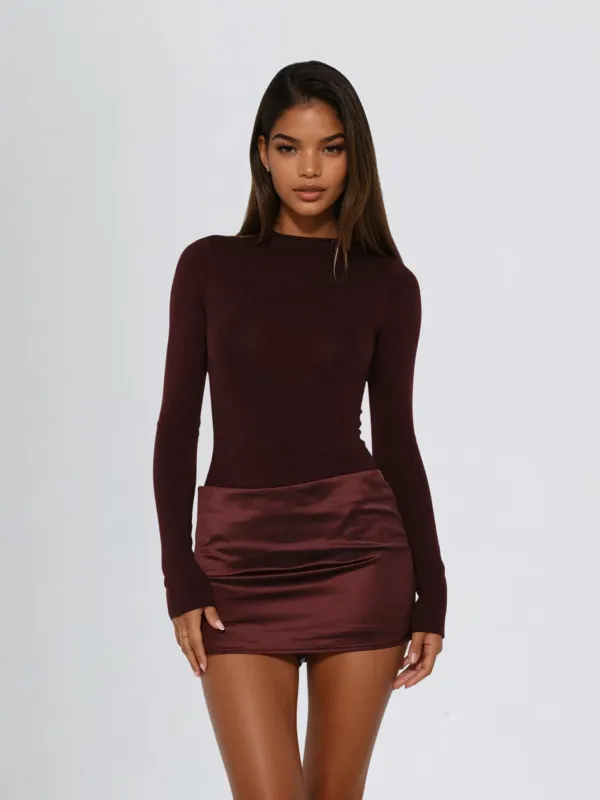 Majora Long Sleeve Mini Dress In Wine made by Mew Mews