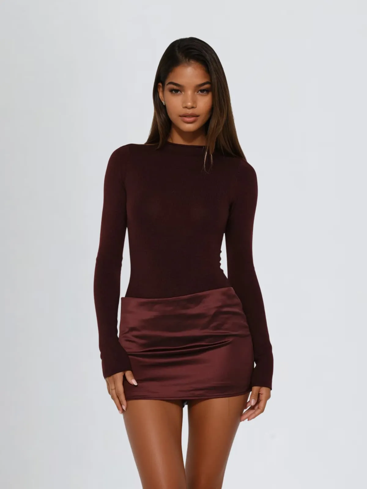Majora Long Sleeve Mini Dress In Wine sold by Mew Mews
