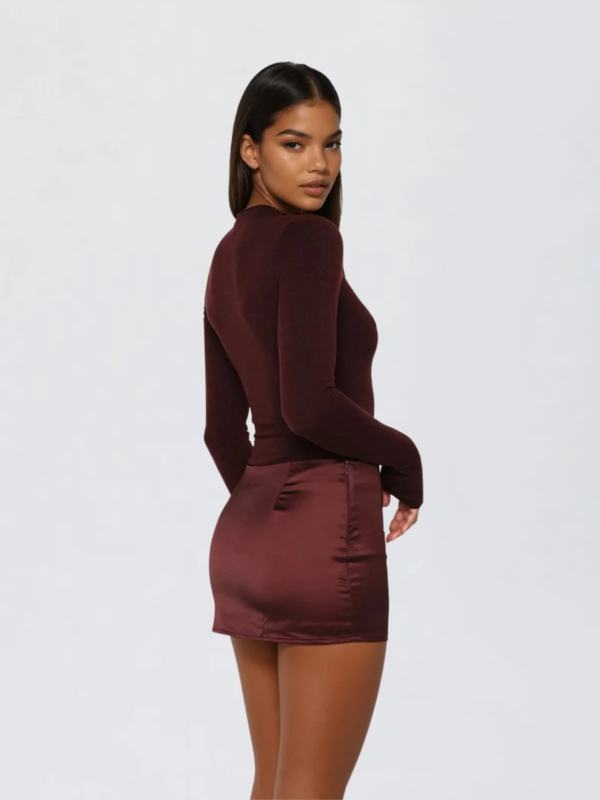 Majora Long Sleeve Mini Dress In Wine sold by Mew Mews product image thumbnail 3