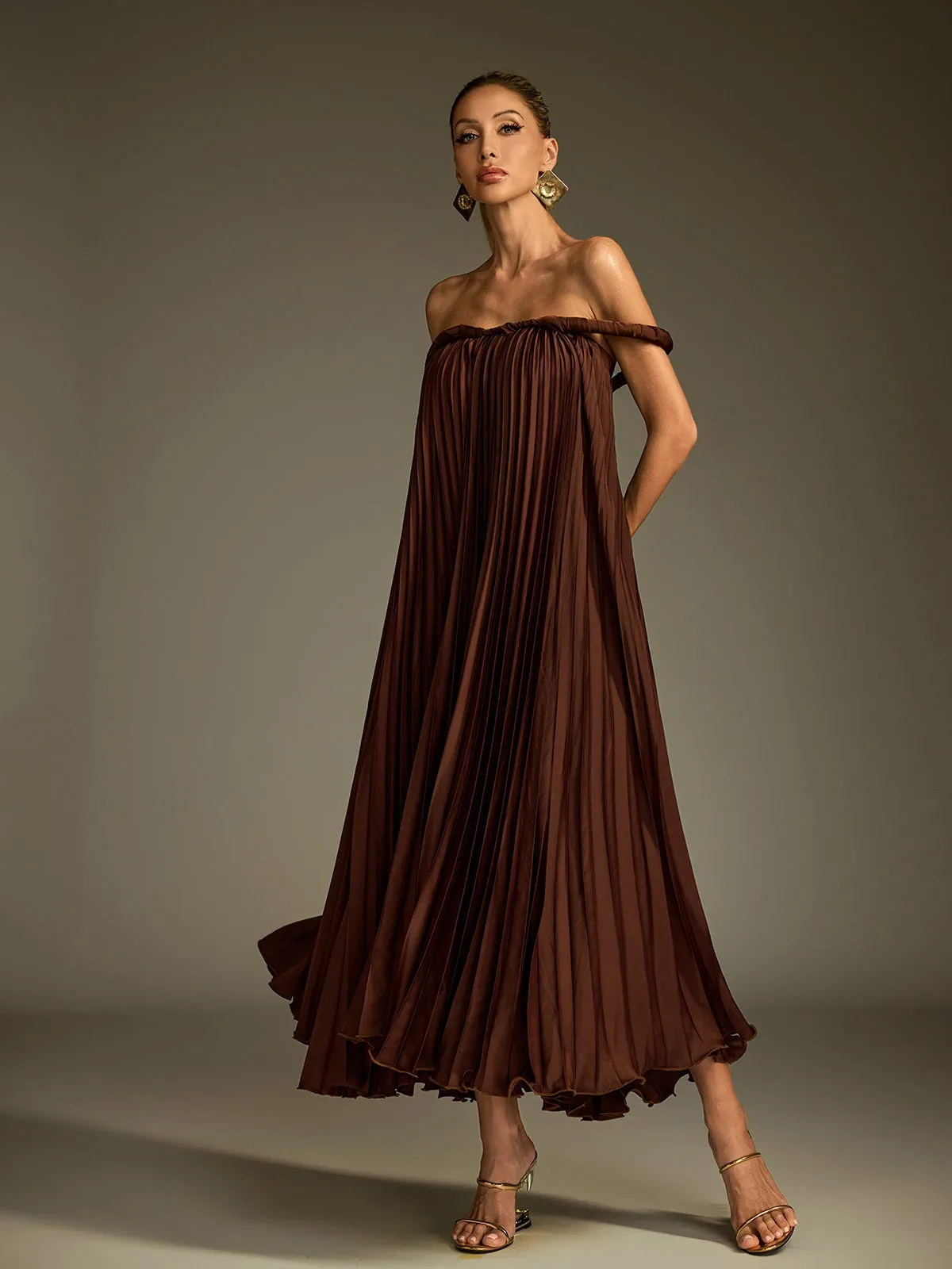 Lucetta Off Sleeve Pleated Midi Dress sold by Mew Mews product image thumbnail 2