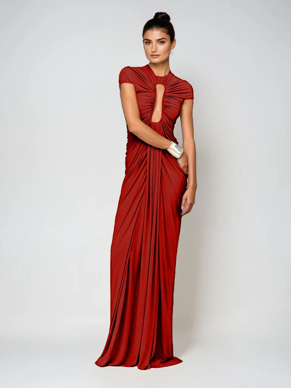 Drosyne Cutout Ruched Draped Maxi Dress In Red sold by Mew Mews