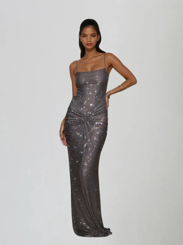 Doliron Spaghetti Twisted Rhinestone Maxi Dress sold by Mew Mews