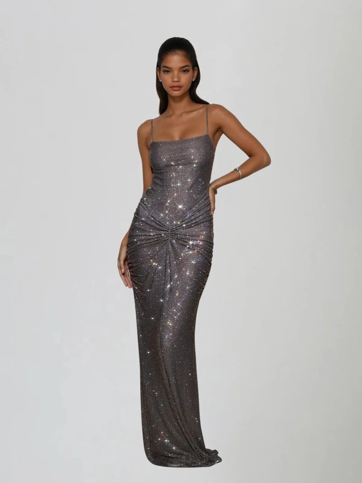 Doliron Spaghetti Twisted Rhinestone Maxi Dress sold by Mew Mews