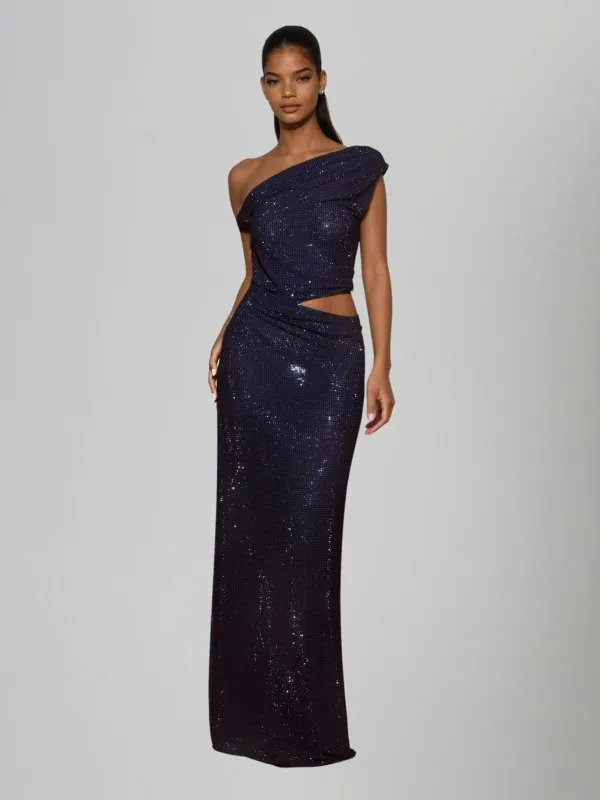 Diopter Cutout Rhinestone Maxi Dress In Navy sold by Mew Mews