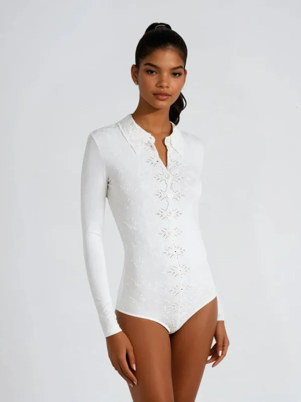 Diatoma Folded Collar Embroidered Bodysuit made by Mew Mews