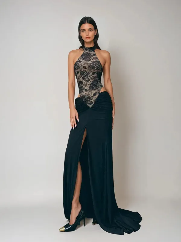 Cyane Halterneck Embroidered Flower Split Maxi Dress sold by Mew Mews