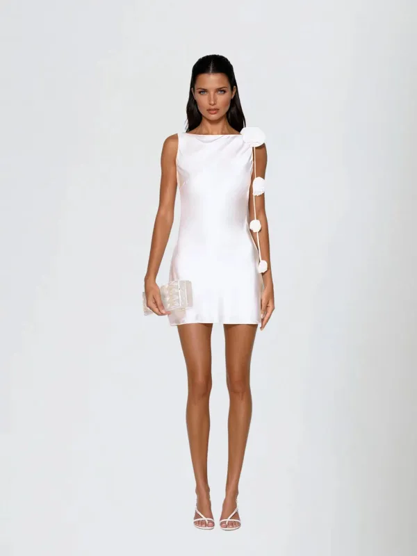 Aevorix Backless Flower Satin Mini Dress In White sold by Mew Mews