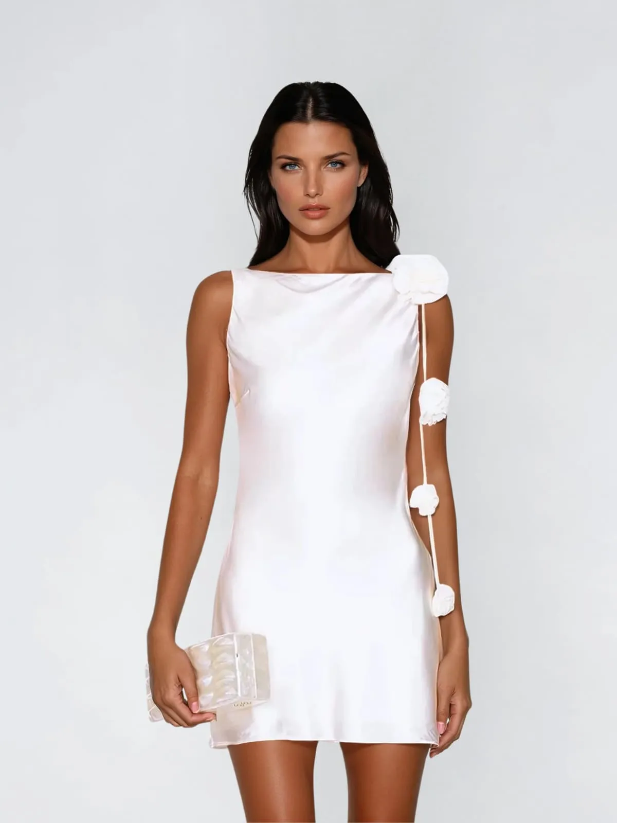 Aevorix Backless Flower Satin Mini Dress In White sold by Mew Mews product image thumbnail 2