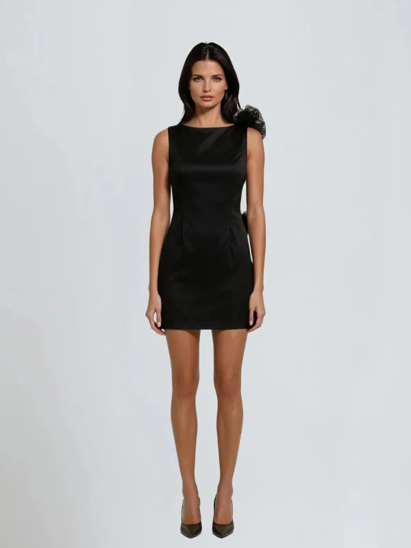 Aevorix Backless Flower Satin Mini Dress In Black sold by Mew Mews