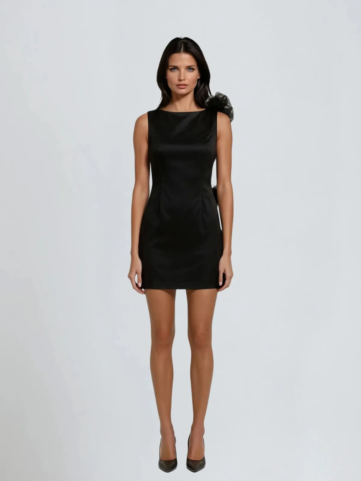 Aevorix Backless Flower Satin Mini Dress In Black sold by Mew Mews