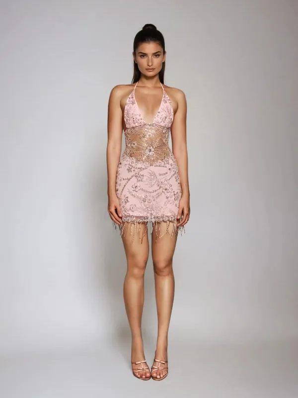 Cordell Halterneck Rhinestone Fringe Mini Dress sold by Mew Mews