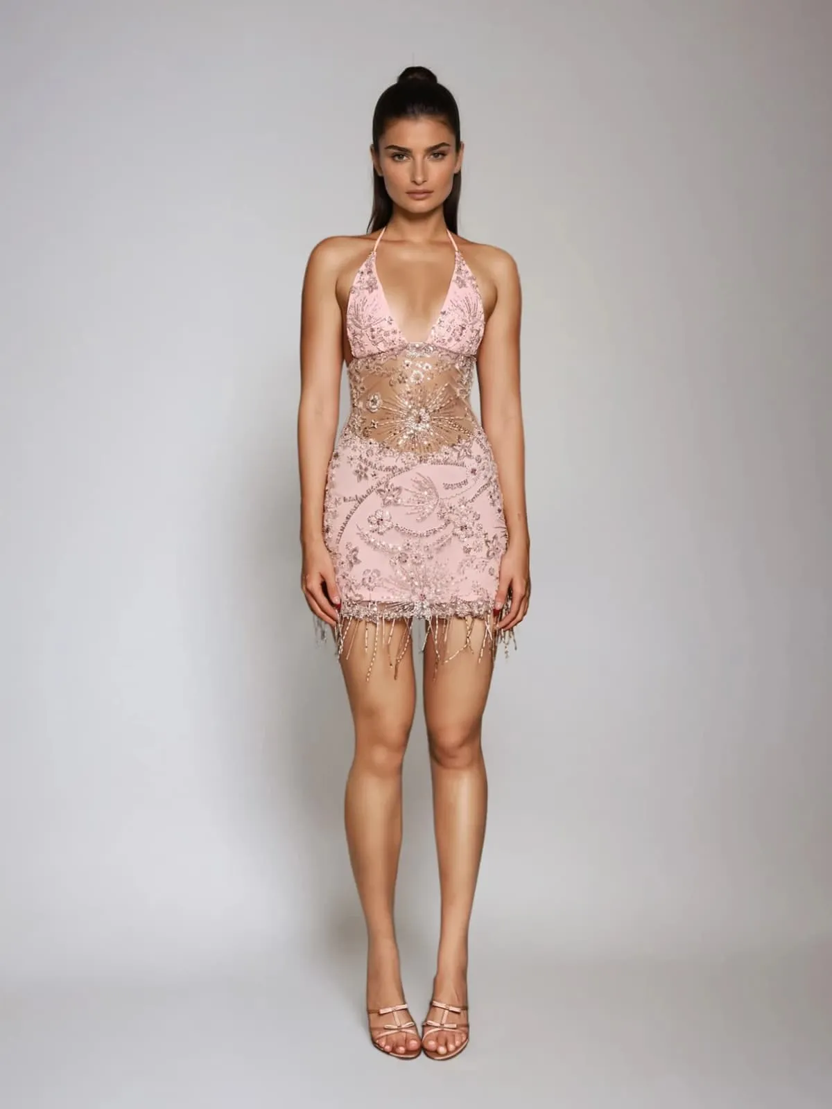 Cordell Halterneck Rhinestone Fringe Mini Dress sold by Mew Mews