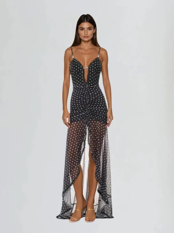 Cyalith Spaghetti Dot Split Maxi Dress sold by Mew Mews