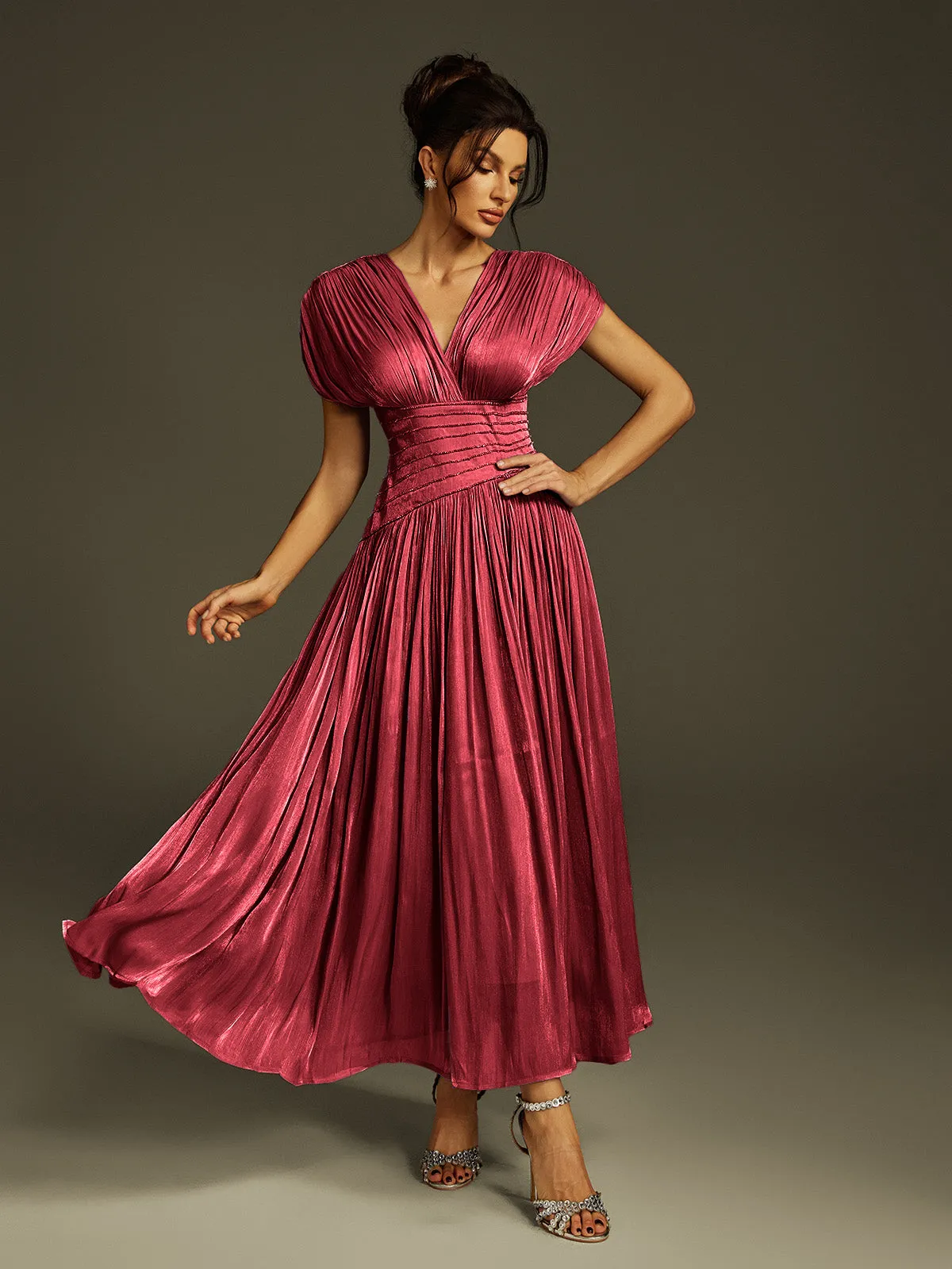 Kasen V Neck Ruched Maxi Dress In Wine sold by Mew Mews product image thumbnail 2