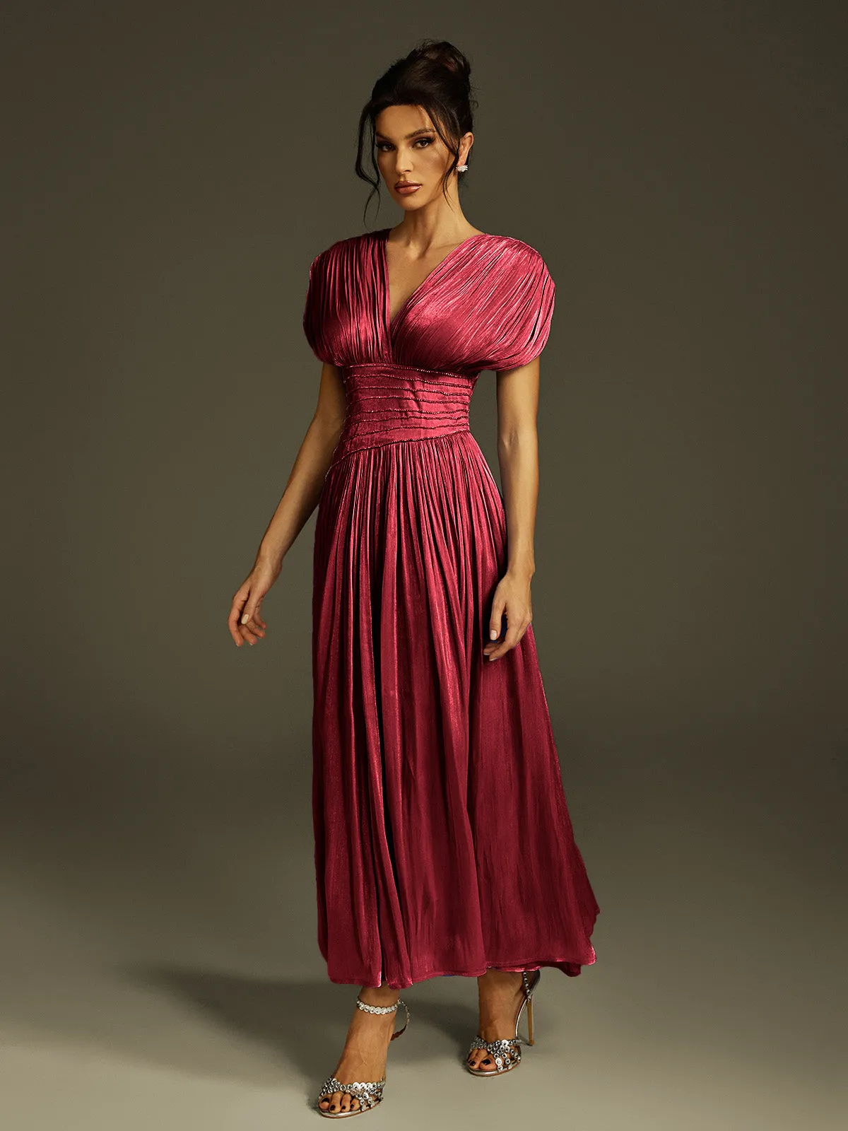 Kasen V Neck Ruched Maxi Dress In Wine sold by Mew Mews product image thumbnail 3