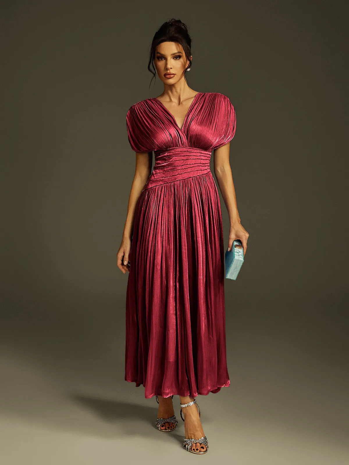 Kasen V Neck Ruched Maxi Dress In Wine sold by Mew Mews product image thumbnail 4