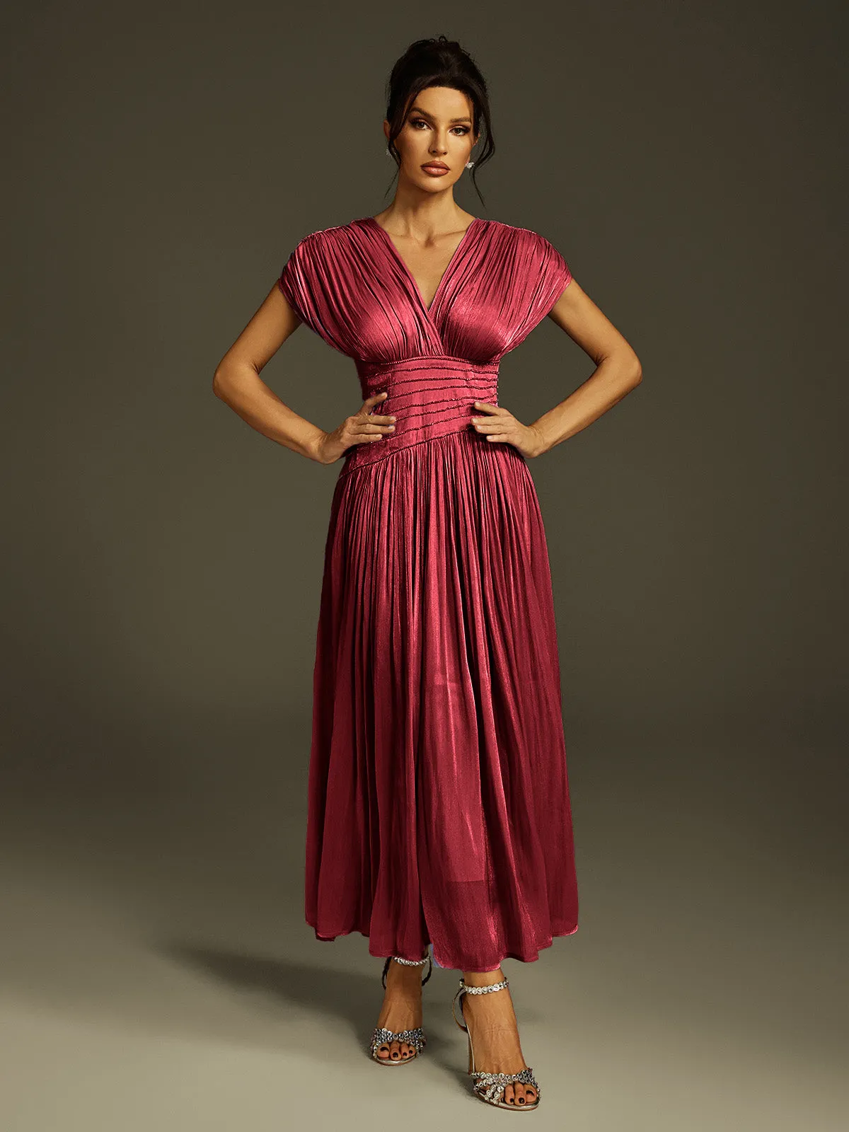 Kasen V Neck Ruched Maxi Dress In Wine sold by Mew Mews